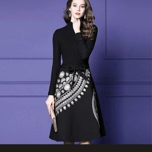 French Niche Elegant Black Party Dress with White Floral Embroidery Small
